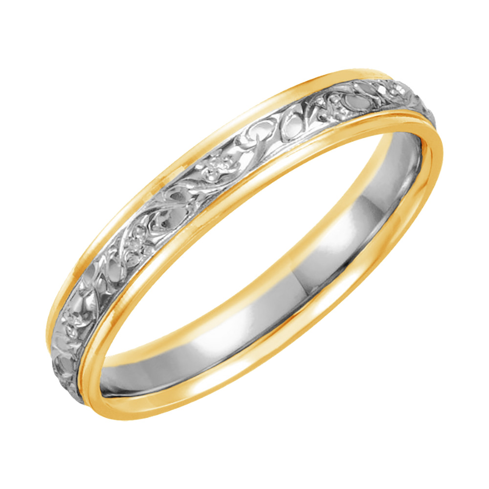 Hand Engraved Fleur de Lys Design Comfort-Fit Band, 4mm 14k Yellow and White Gold