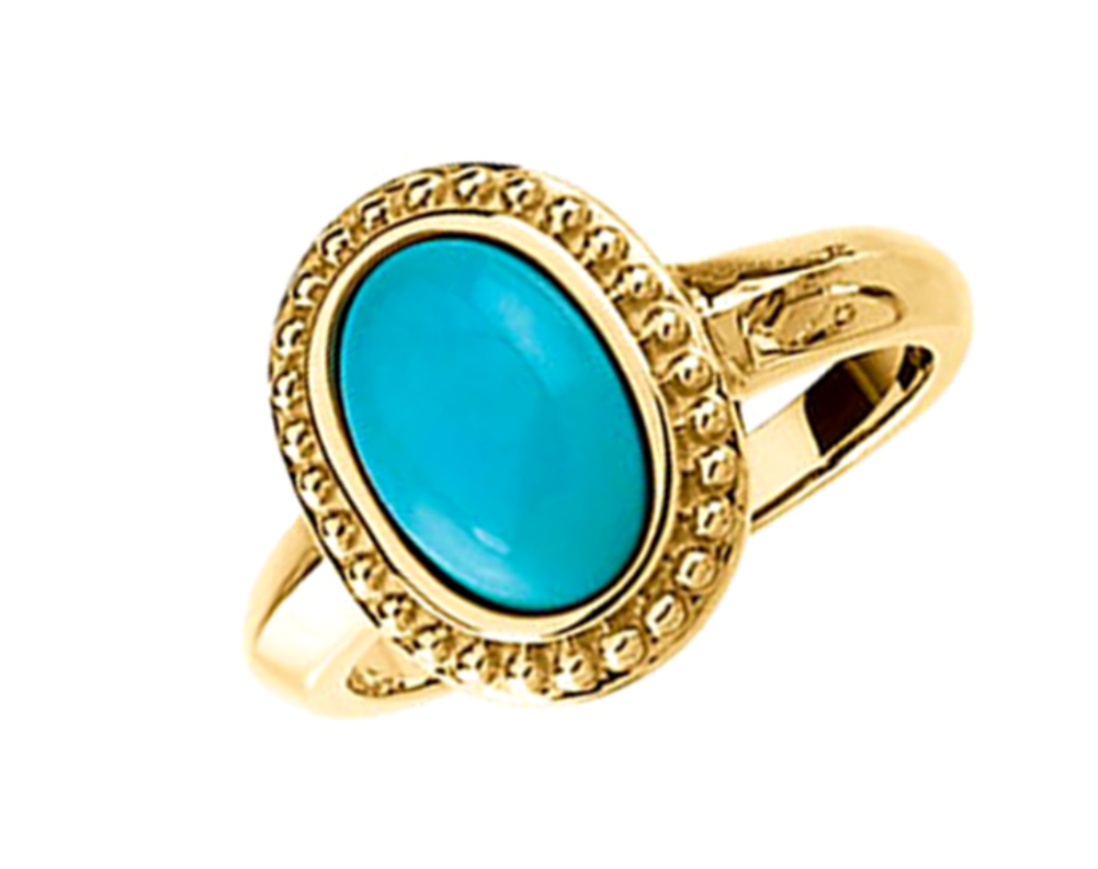 Turquoise cabochon granulated bead 14k yellow gold ring for ladies. 