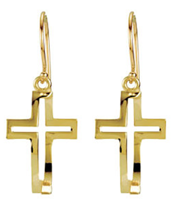 14k yellow gold cross fish eyevolver ichthys earrings. Also offered in sterling silver and 14k white gold.