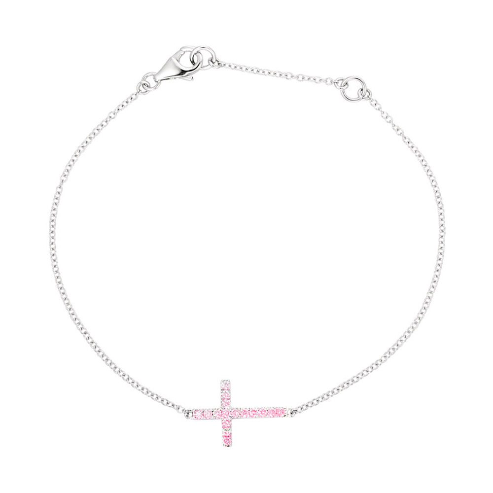 Pink Cubic Zirconia Sideways Cross Bracelet, Rhodium-Plated Sterling Silver, 8"