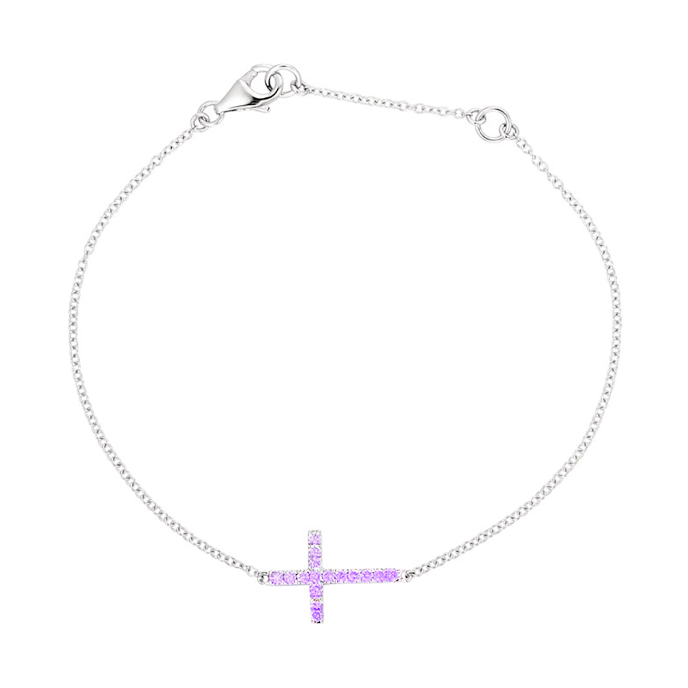 Purple Cubic Zirconia Sideways Cross Bracelet, Rhodium-Plated Sterling Silver, 8" 