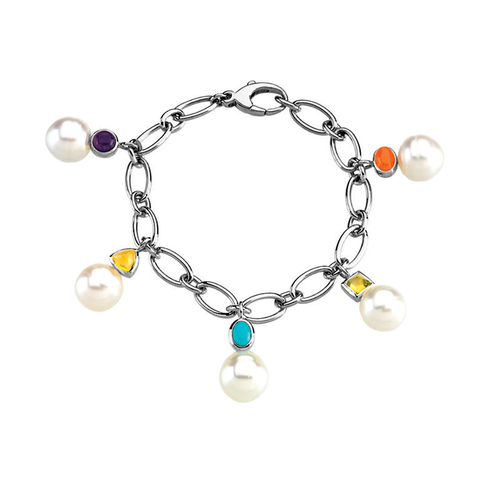 White South Sea Cultured Circle Pearl and Multi-Stone Charm Bracelet, Rhodium-Plated 14k White Gold. 