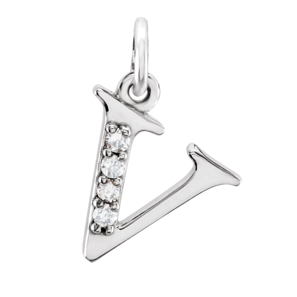 14k White Gold Diamond Lowercase Initial v Pendant