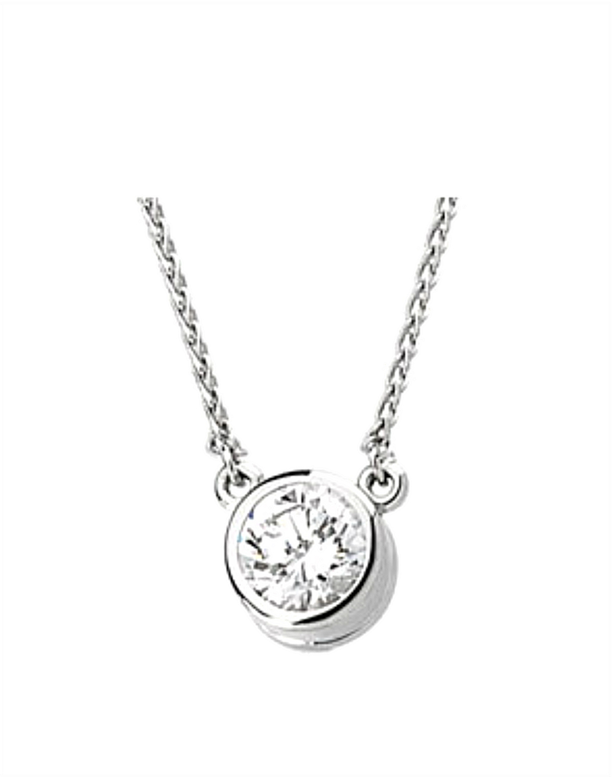 Bezel Set Lab Created Cubic Zirconia Solitaire Necklace, 14k White Gold. 