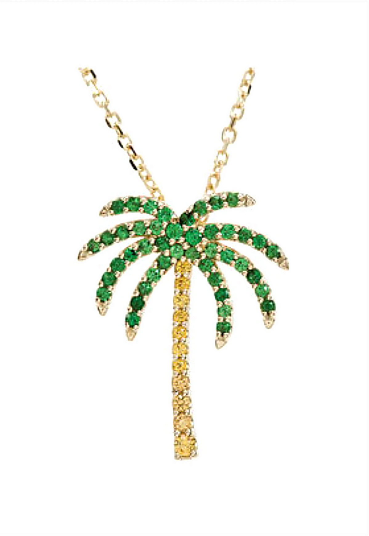 Tsavorite Garnet & Yellow Sapphire Palm Tree Necklace, 14k Yellow Gold. 