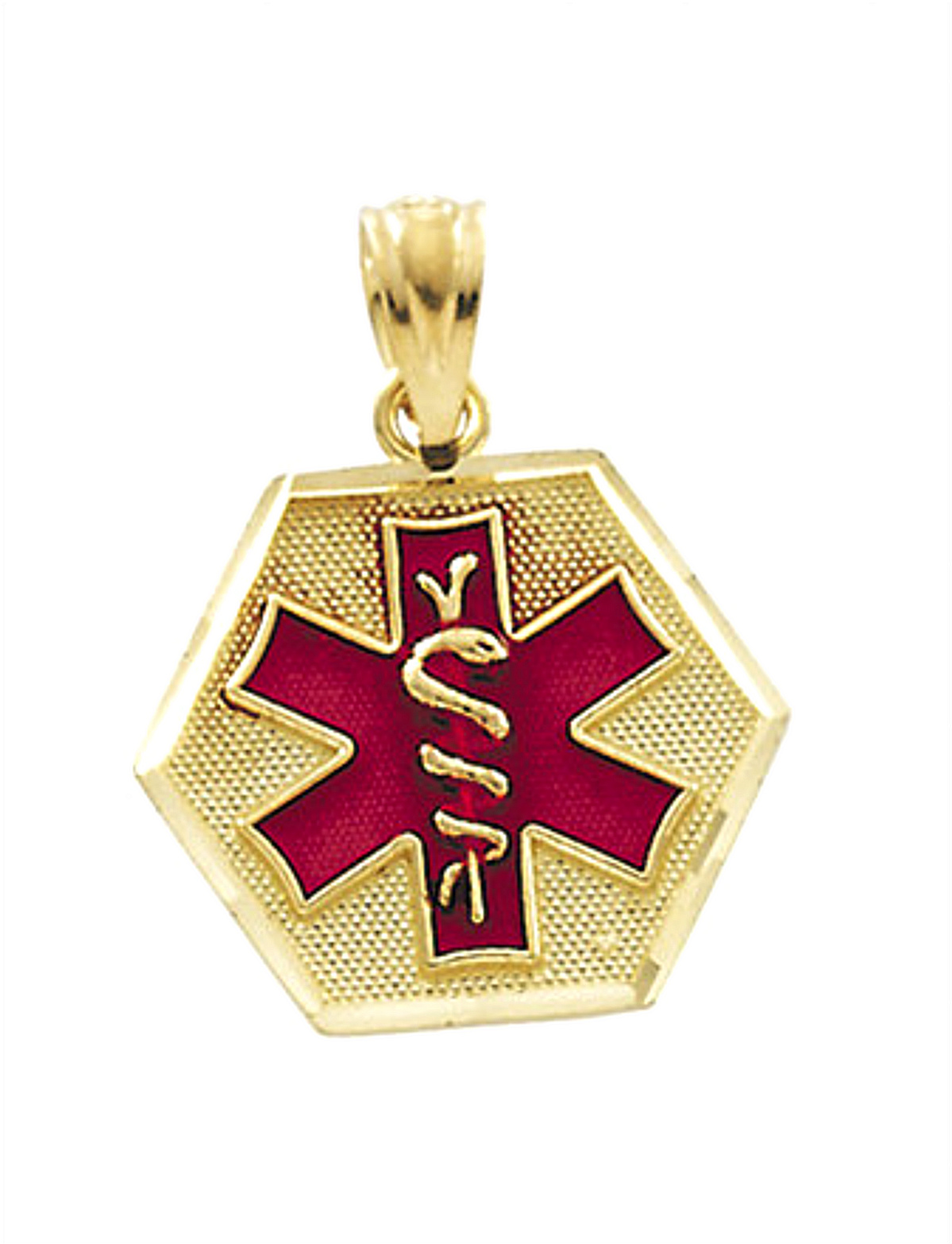 Hexagon Red Enameled Medical I.D Pendant, 14k Yellow Gold