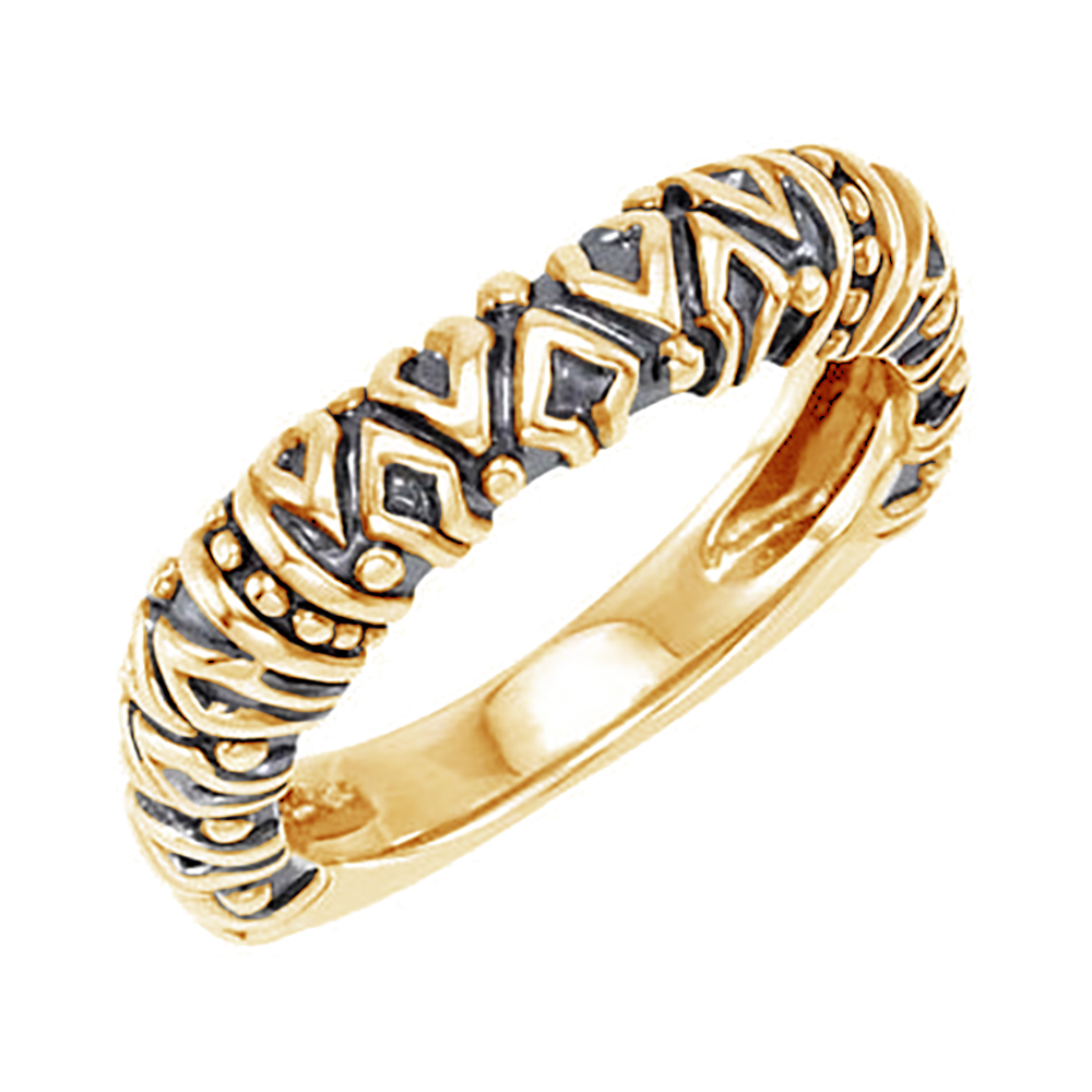 14k Yellow Gold and Black Enamel Tribal Pattern Stacking Band.