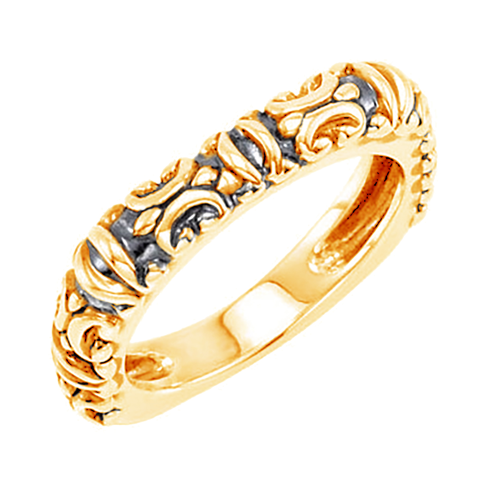 Raised Scroll Design 14k Yellow Gold and Black Stackable Band.