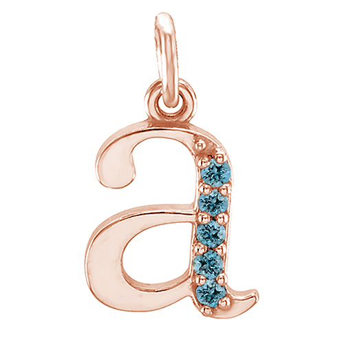 14k Rose Gold Lowercase Aquamarine Initial 'a' Pendant, front.