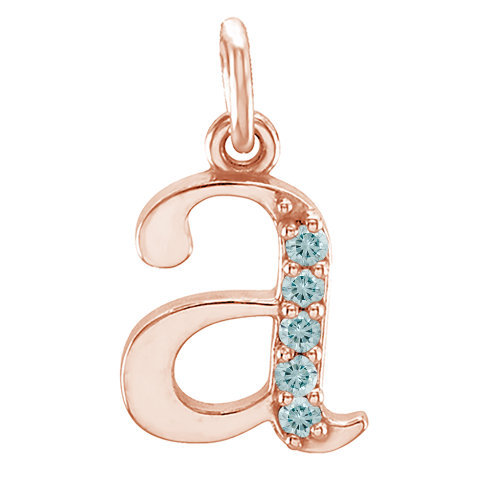 14k Rose Gold Lowercase Aqua Blue Round Diamond Initial 'a' Pendant. 