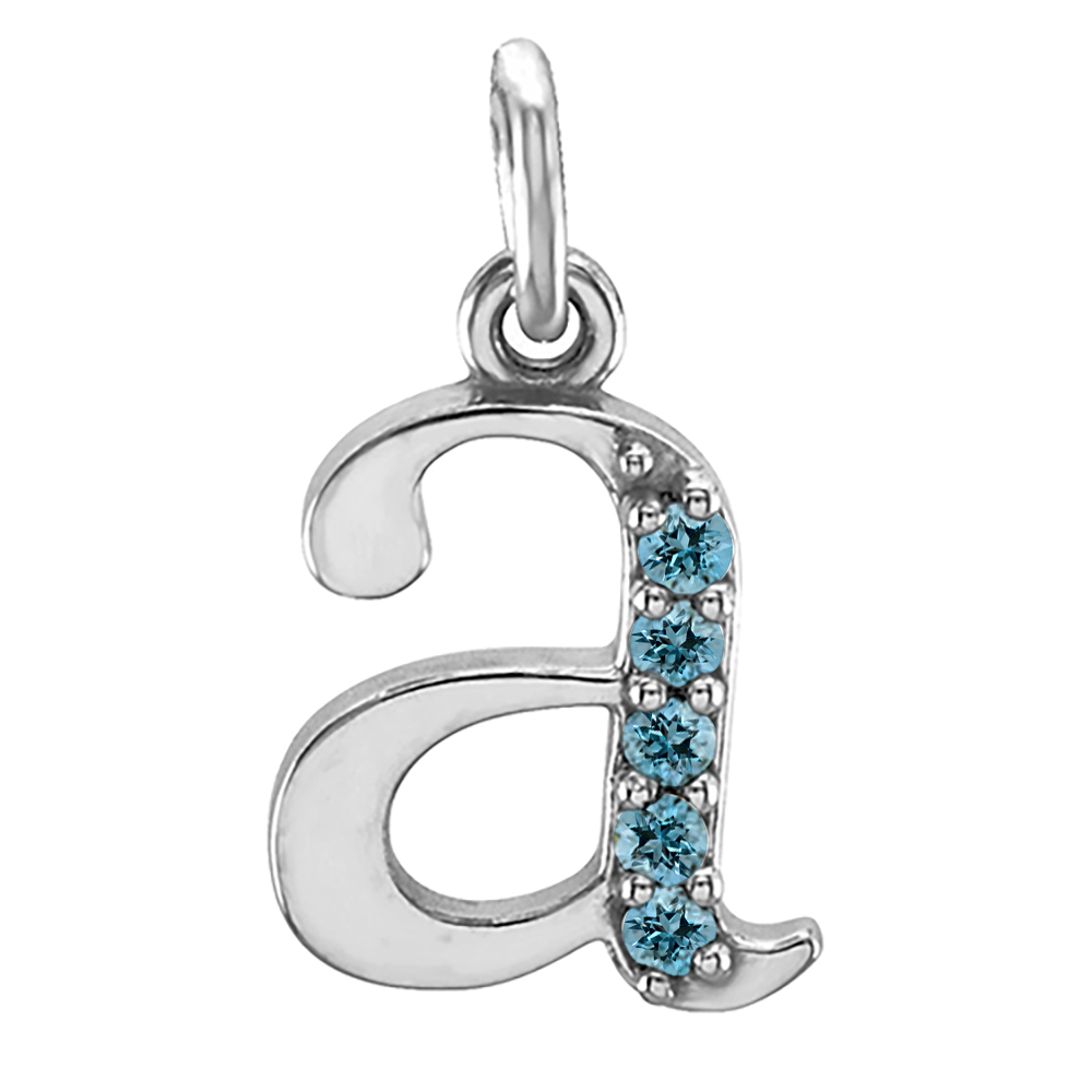 14k White Gold Lowercase Sky Blue Zirconia Initial a Pendant, front.