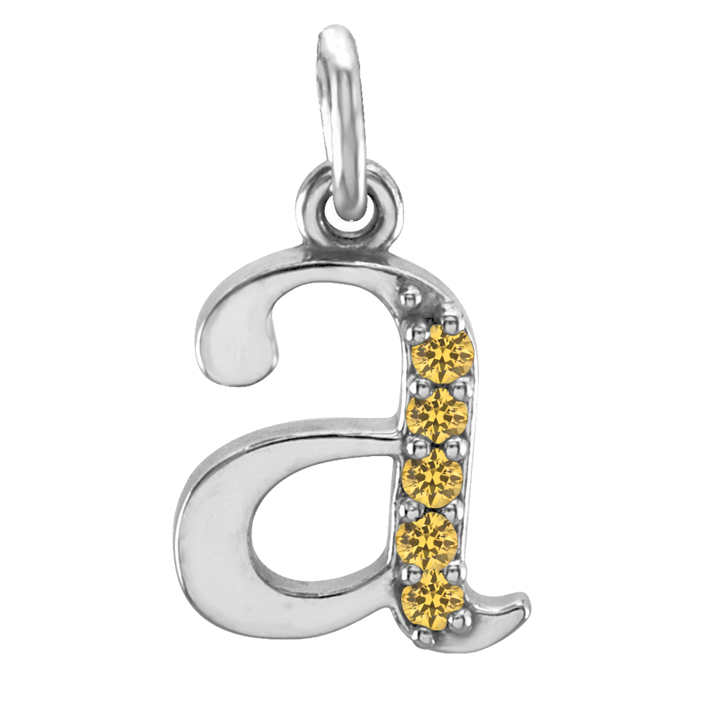 14k White Gold Lowercase Yellow Sapphire Initial ‘a’ Pendant, front.