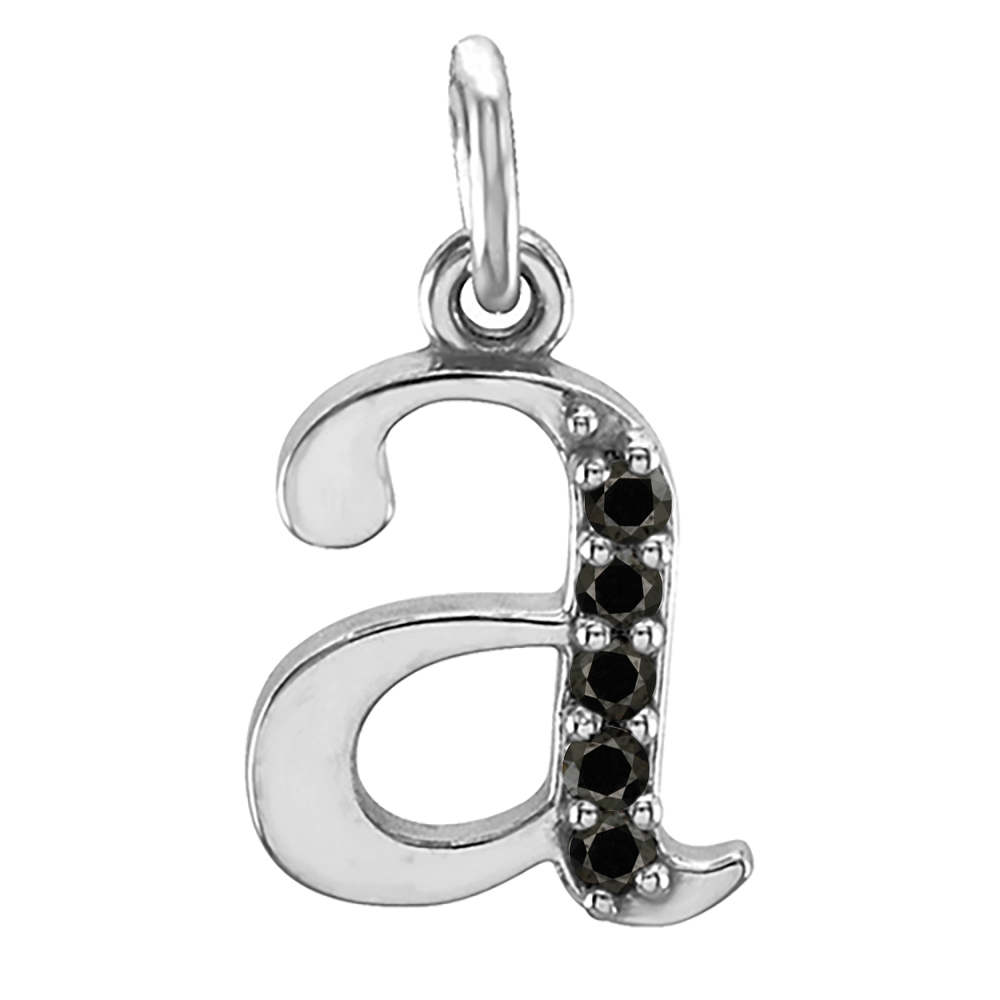 14k White Gold Black Round Diamond Initial 'a' Pendant, front.