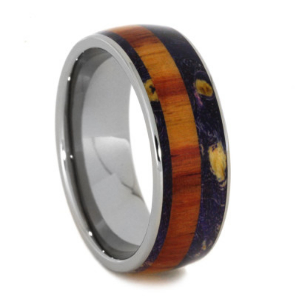  Purple Box Elder Burl with Tulip Wood Inlay 8mm Comfort-Fit Titanium Wedding Band