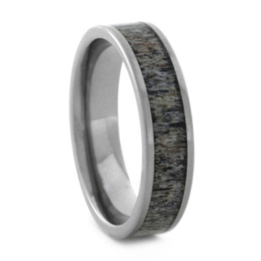 Deer Antler Inlay 6mm Comfort-Fit Brushed Titanium Wedding Band