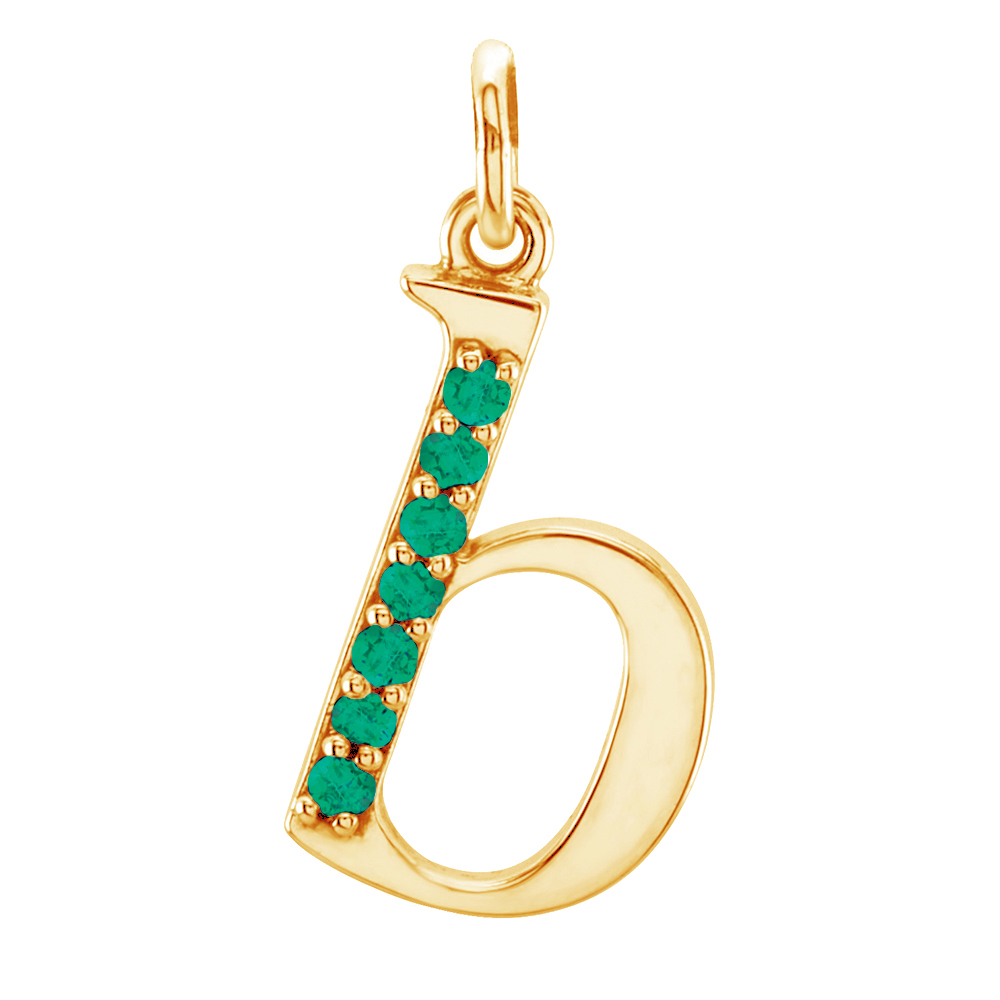 small case emerald 'b' pendants, front.