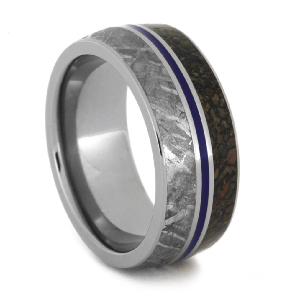 Gibeon Meteorite, Dinosaur Bone, Blue Enamel Inlay 9mm Comfort Fit Titanium Band. 