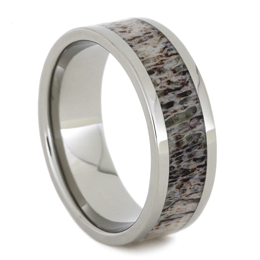 Deer Antler Inlay 8mm Comfort-Fit Polished Titanium Band.