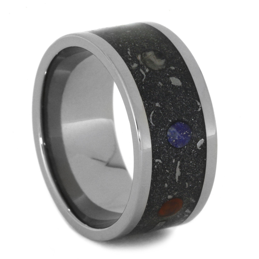 Gibeon Meteorite, Solar System in Black Stardust Inlay 10mm Comfort Fit Titanium Band. 