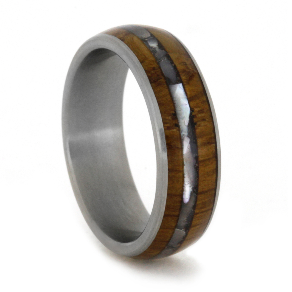 Mother of Pearl with wood Inlays 6mm Comfort-Fit Matte Titanium Band. 