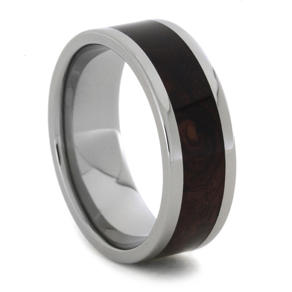 Honduran Rosewood Burl Inlay 8mm Comfort-Fit Polished Titanium Band. 