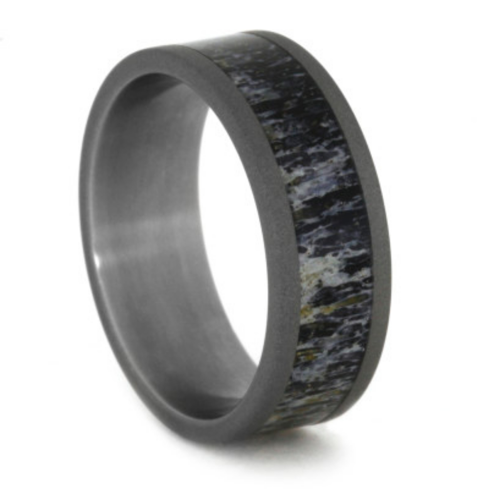 Deer Antler Inlay 8mm Comfort-Fit Sandblasted Titanium Band. 