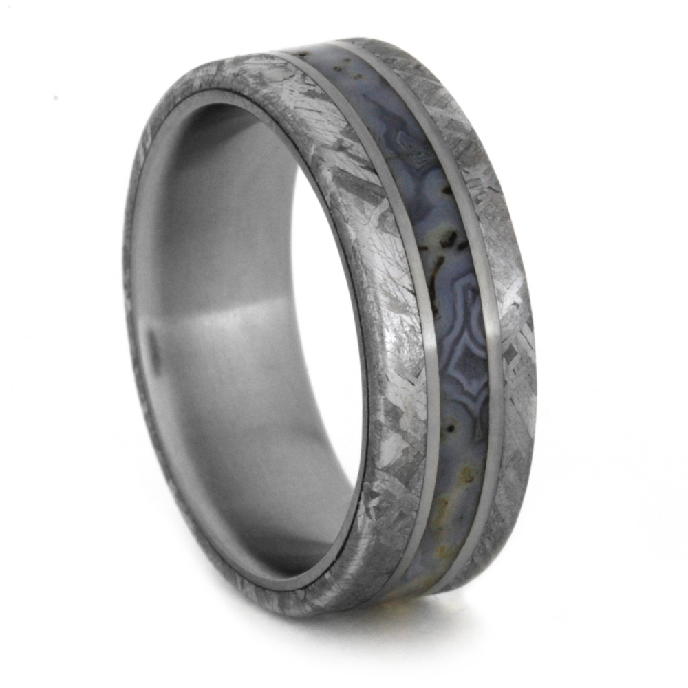 Gibeon Meteorite and Dinosaur Bone Overlay 7mm Comfort-Fit Matte Titanium Band. 