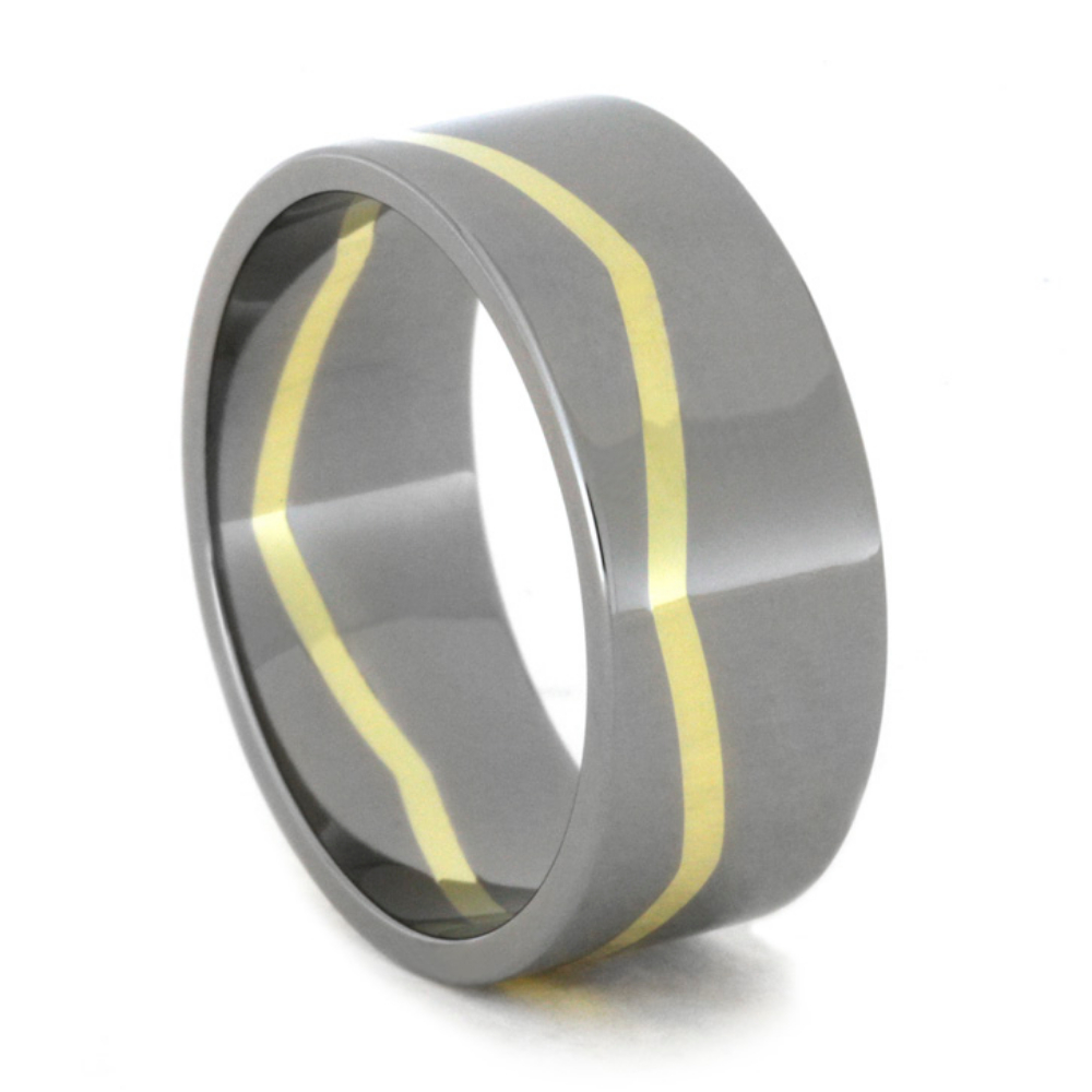 14k Yellow Gold Zig Zag Wave 10mm Comfort-Fit Polished Titanium Band. 