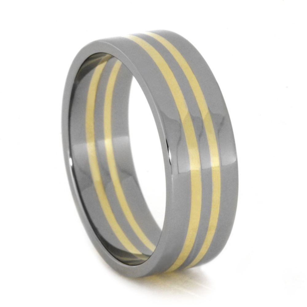 Two 14k Yellow Gold Pinstripe Inlay 7mm Comfort-Fit Polished Titanium Wedding Band. 