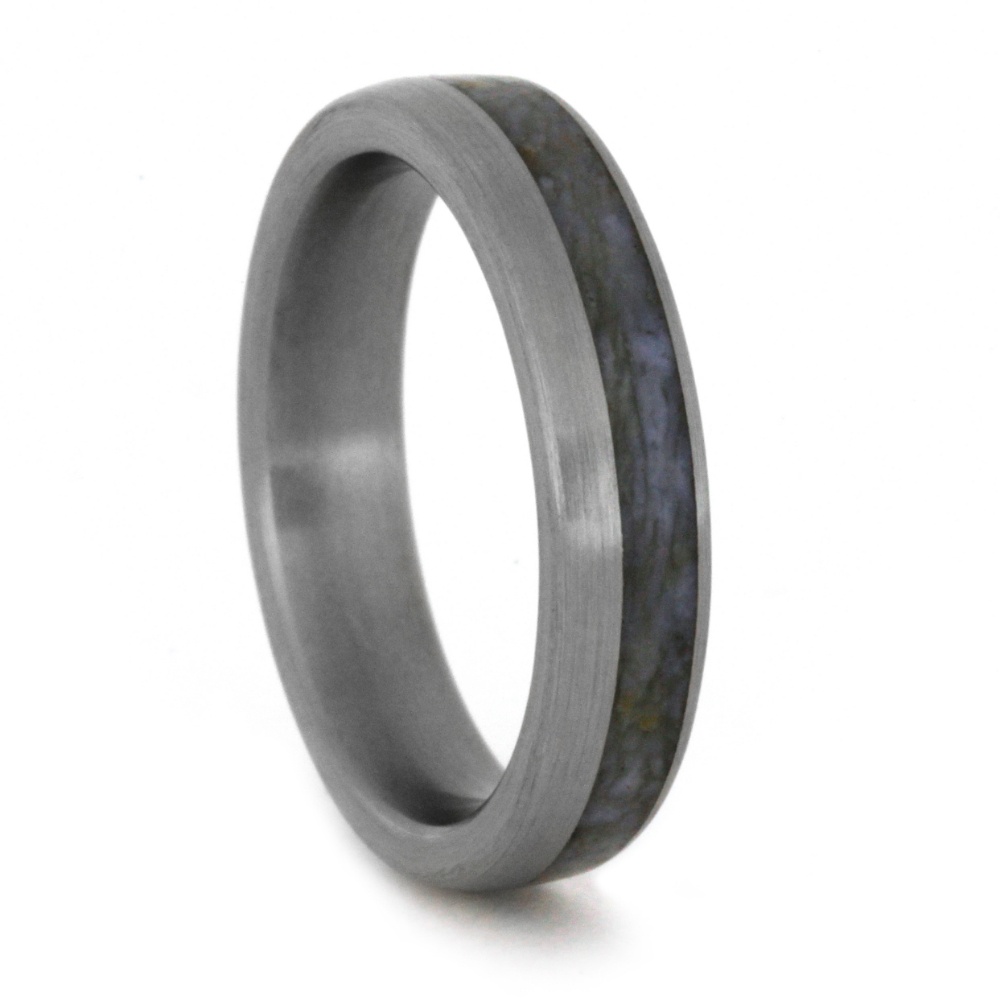 Dinosaur Bone OffSet Design Inlay 4mm Comfort-Fit Brushed Titanium Band. 