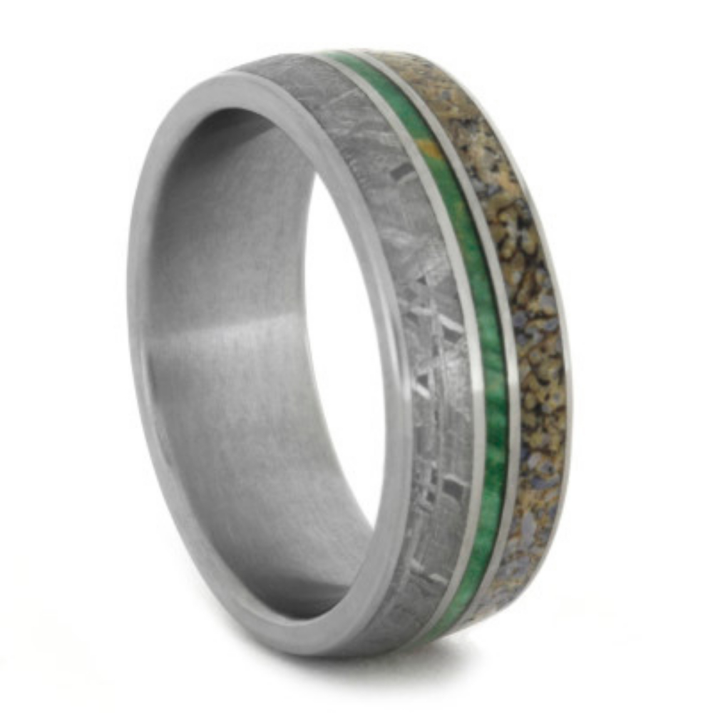 Gibeon Meteorite and Green Box Elder Burl wood and Dinosaur Bone Inlay 8mm Comfort-Fit Titanium Band. 