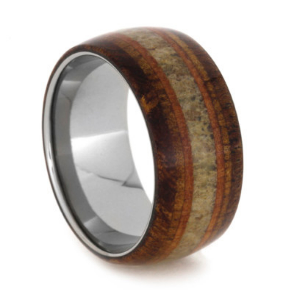 Black Mesquite and Koa Wood, Elk Antler with Cedar Inlay 11mm Comfort-Fit Titanium Band. 