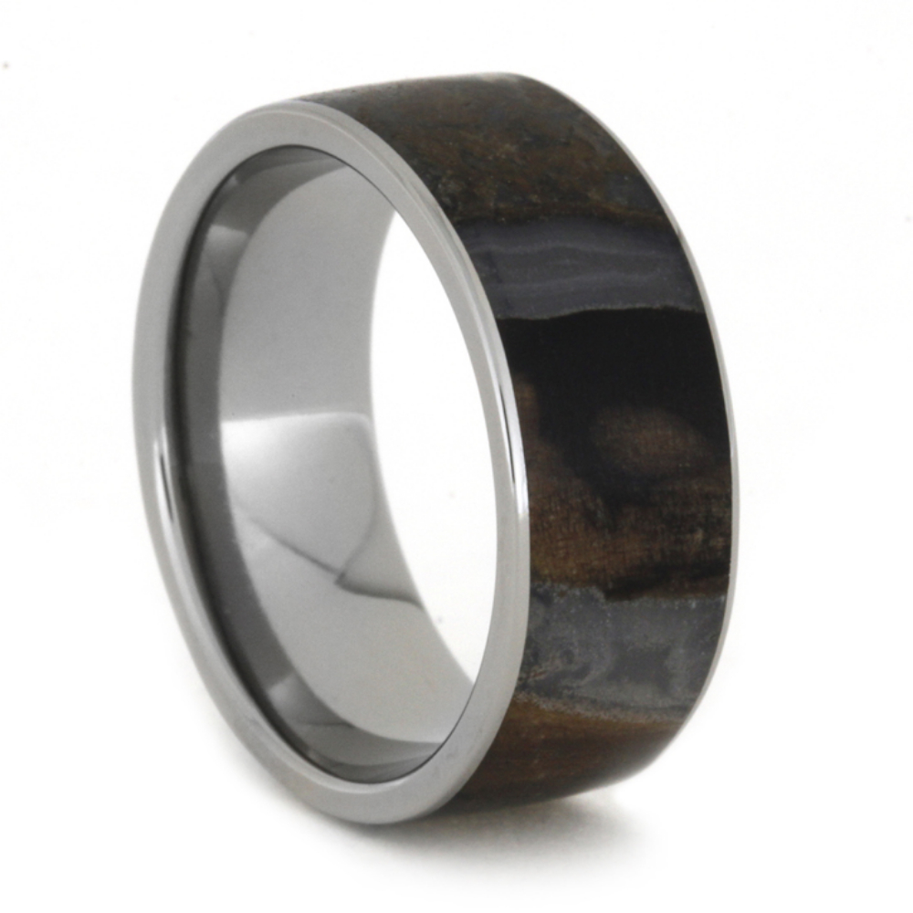 Multicolored Petrified Wood Inlay 8mm Comfort-Fit Polished Titanium Band. 