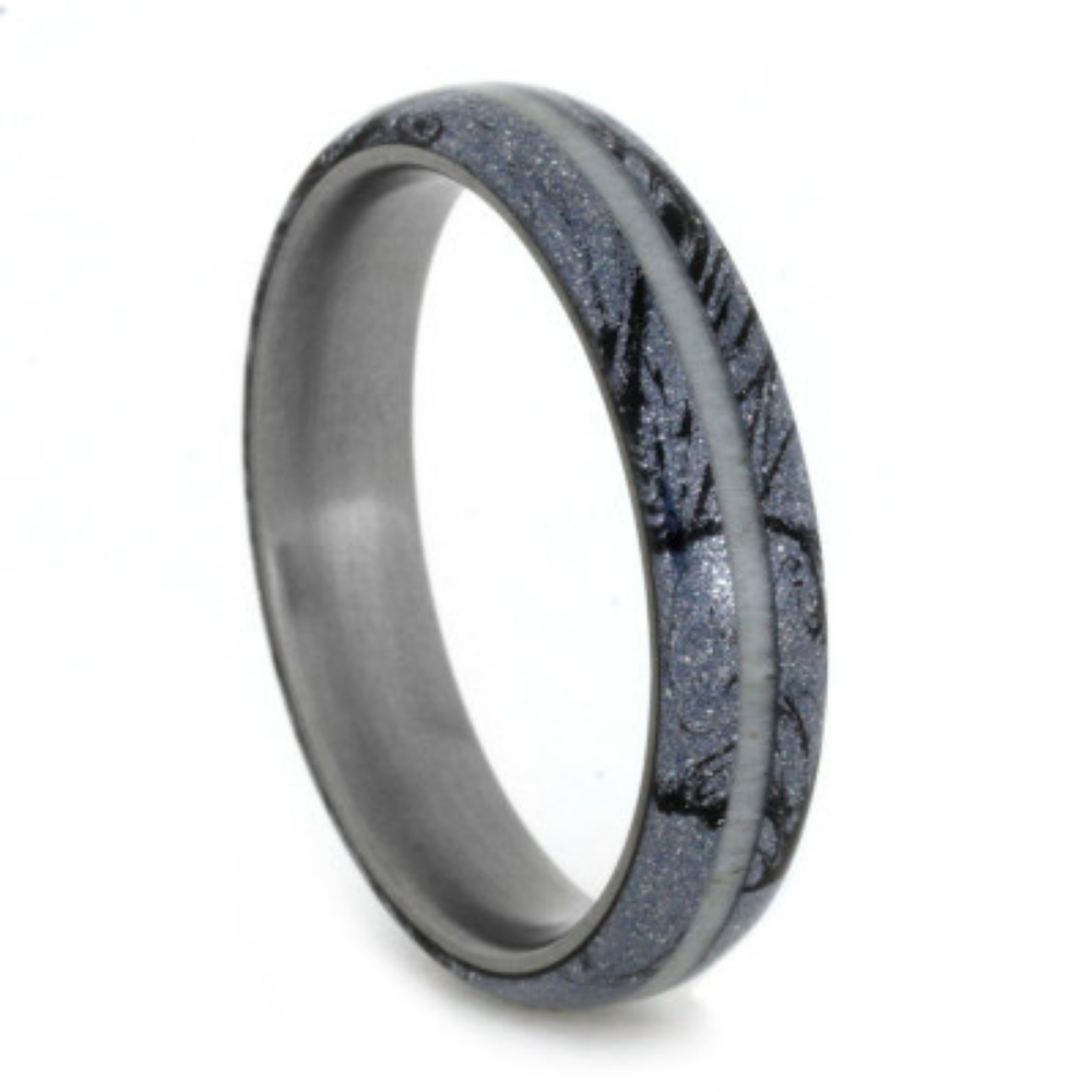 Black and Blue Mokume Composite and Deer Antler Overlay 4mm Comfort-Fit Titanium Band. 