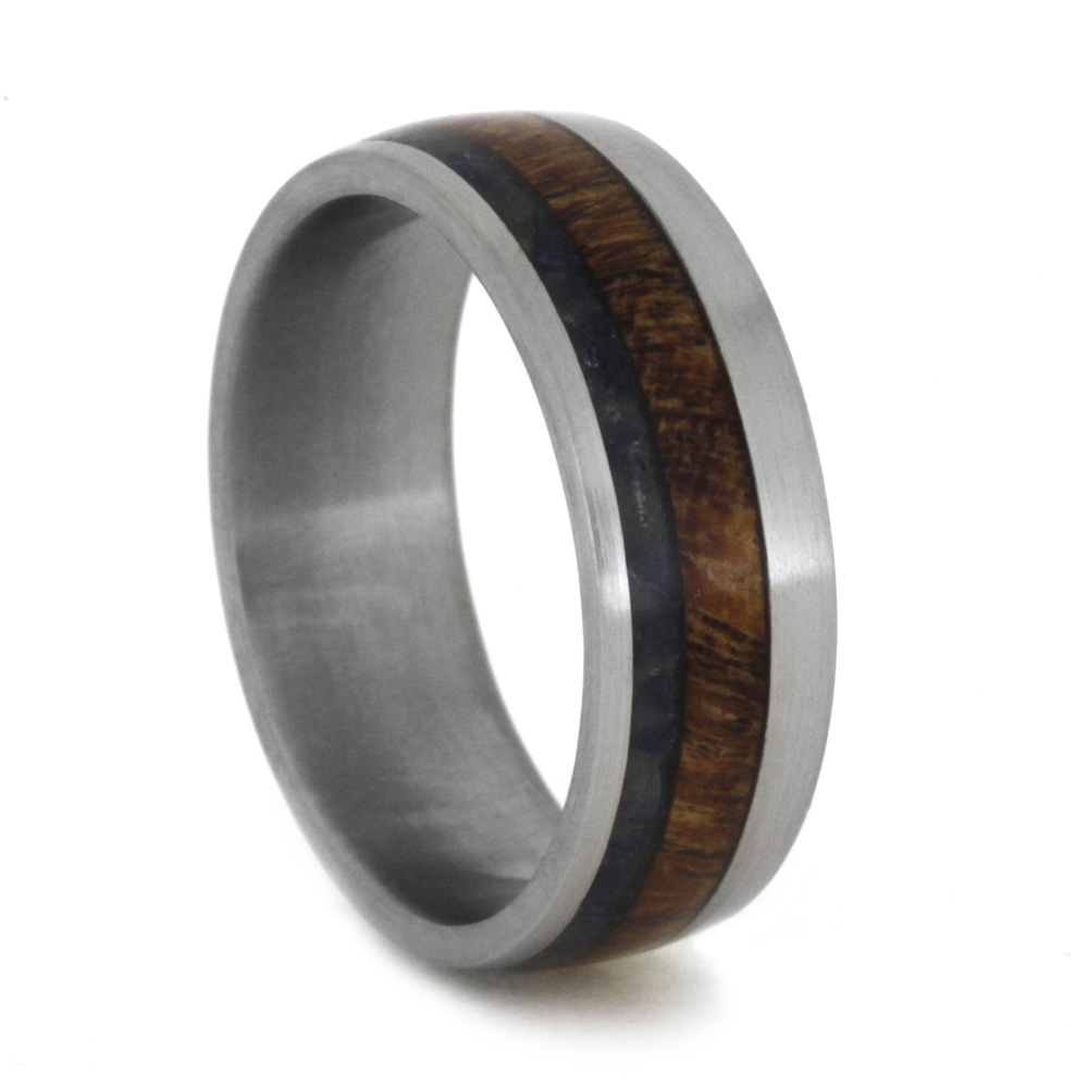 Mesquite Burl Wood and Crushed Blue Sea Glass Inlay 7mm Comfort-Fit Matte Titanium Band. 