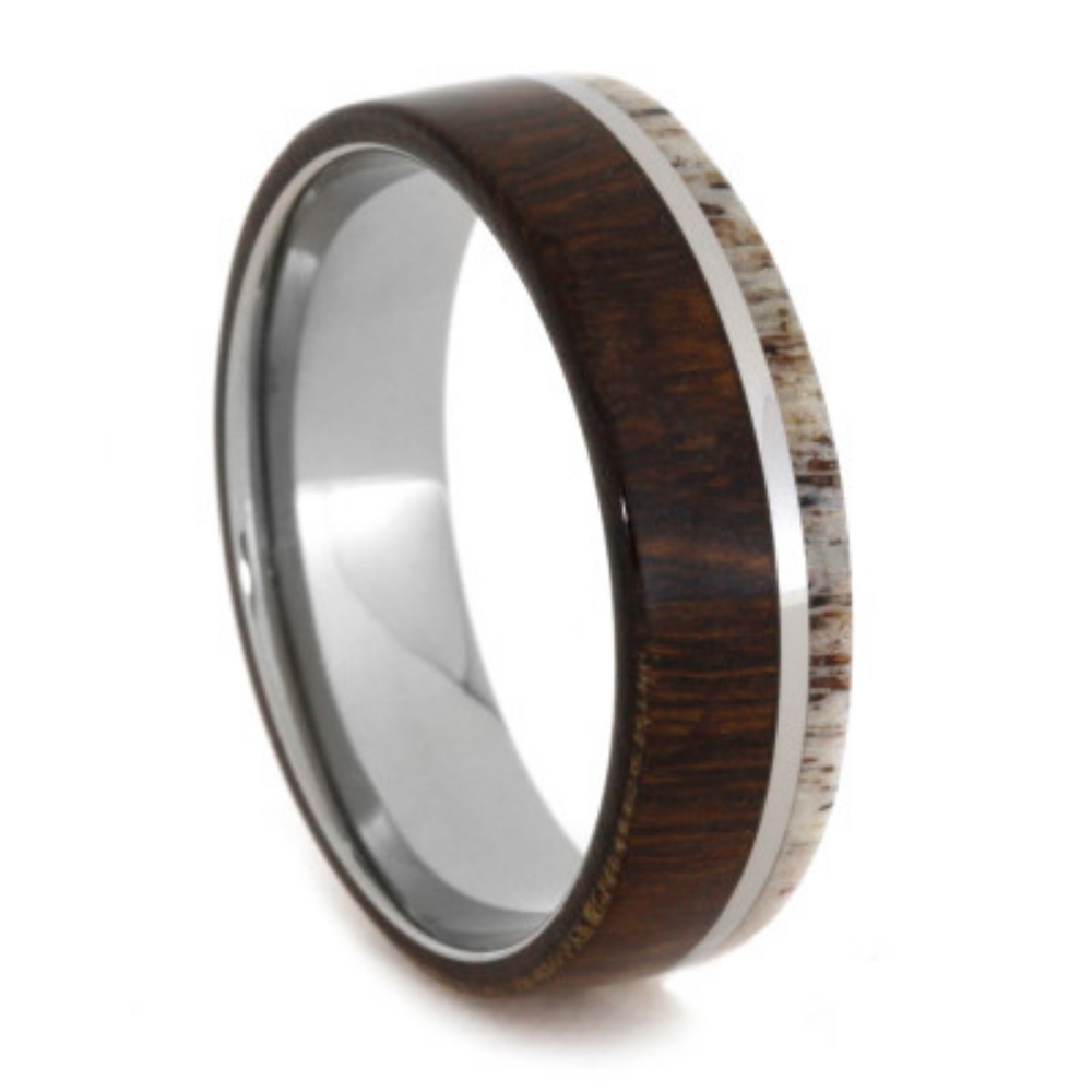 Ironwood and Antler Overlay 8mm Comfort-Fit Polished Titanium Band. 