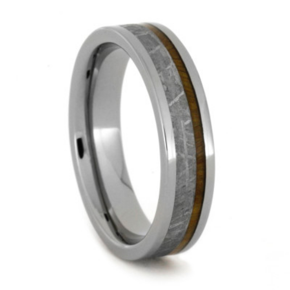 Gibeon Meteorite and Lignum Vitae Wood Inlay 5mm Comfort-Fit Polished Titanium Band. 