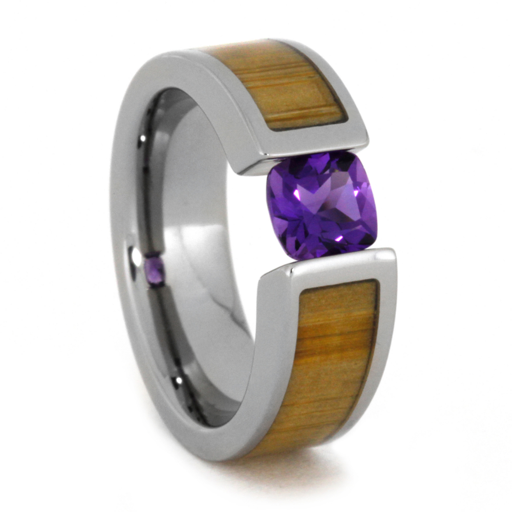 Antique Square Amethyst with Bamboo Inlay 6mm Comfort-Fit Polished Titanium Band. 