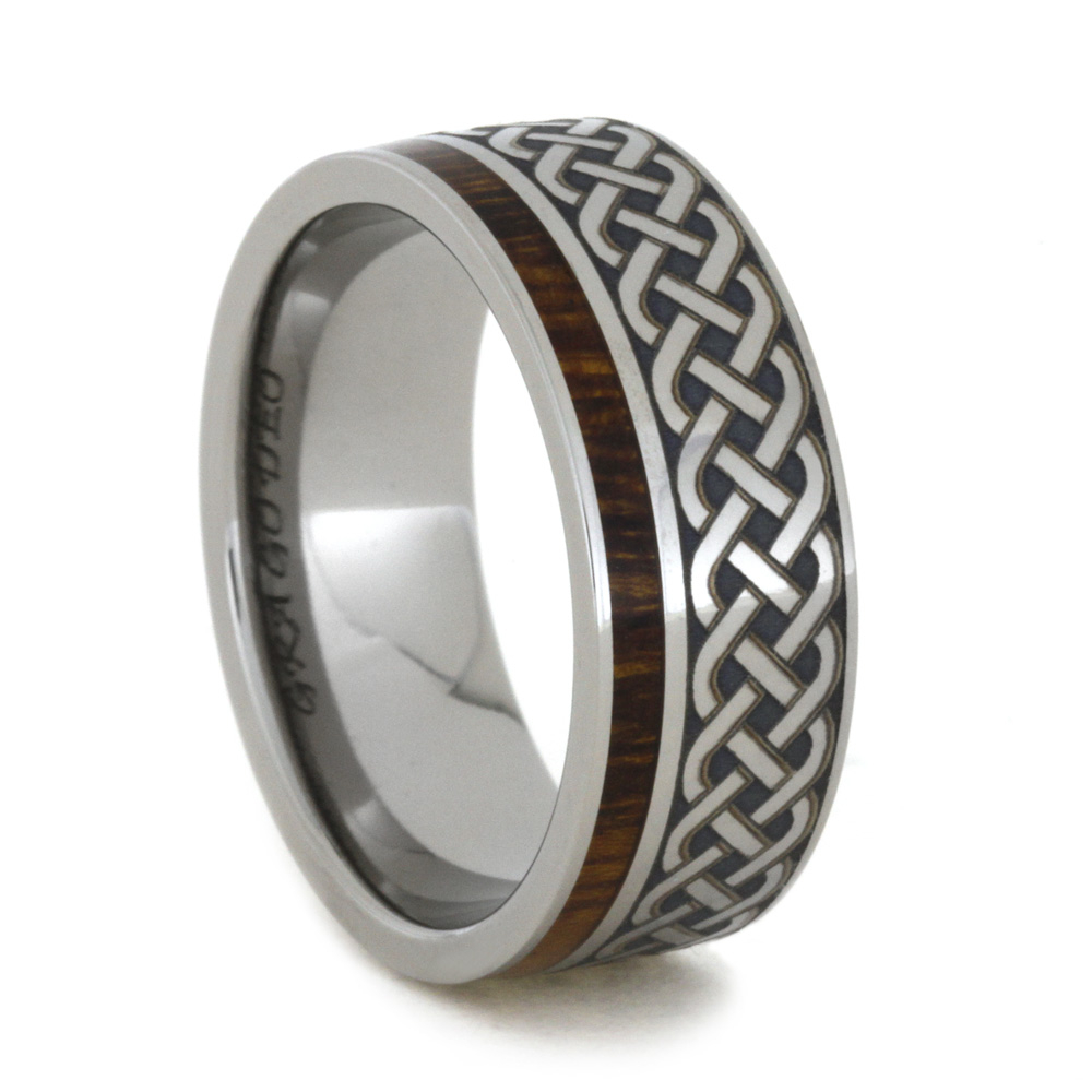 Celtic Eternity Engraving and Ironwood Inlay 8mm Comfort-Fit Titanium Band. 