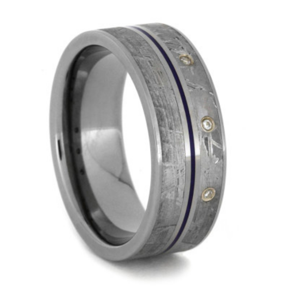 3 Diamonds with Gibeon Meteorite and Blue Enamel Stripe Inlay 7.5mm Comfort-Fit Titanium Band. 