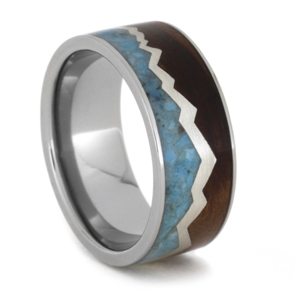 Crushed Turquoise with Redwood and Silver Zig-Zag Inlay 9mm Comfort-Fit Titanium Band. 