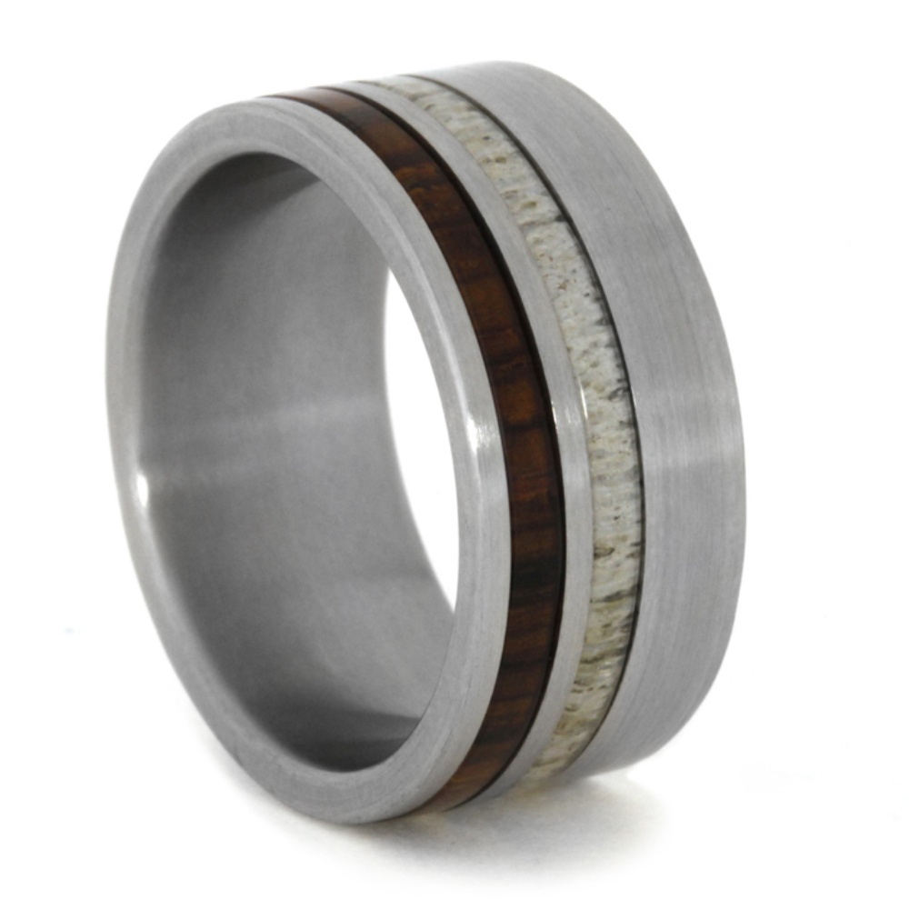 Cocobolo Wood and Deer Antler Inlay 10mm Comfort-Fit Polished Titanium Band.