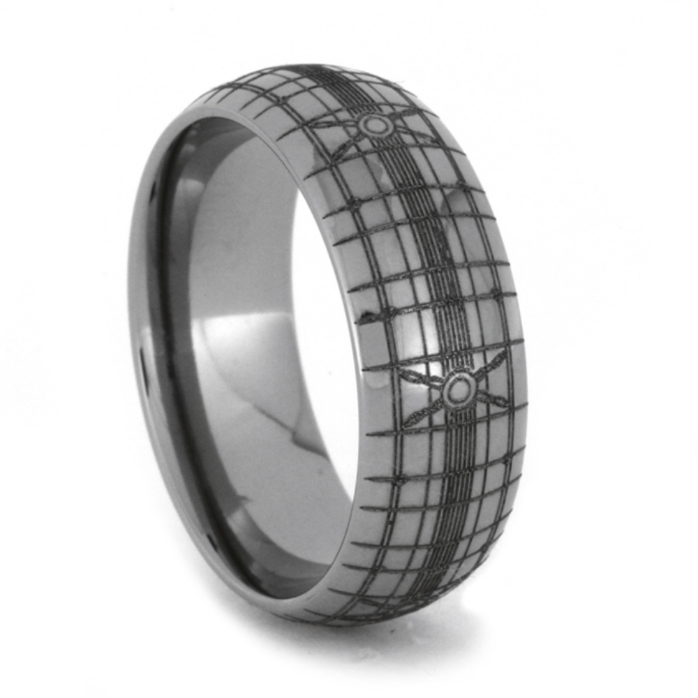 Intricate Engraved Titanium Overlay 7mm Comfort-Fit Polished Band. 