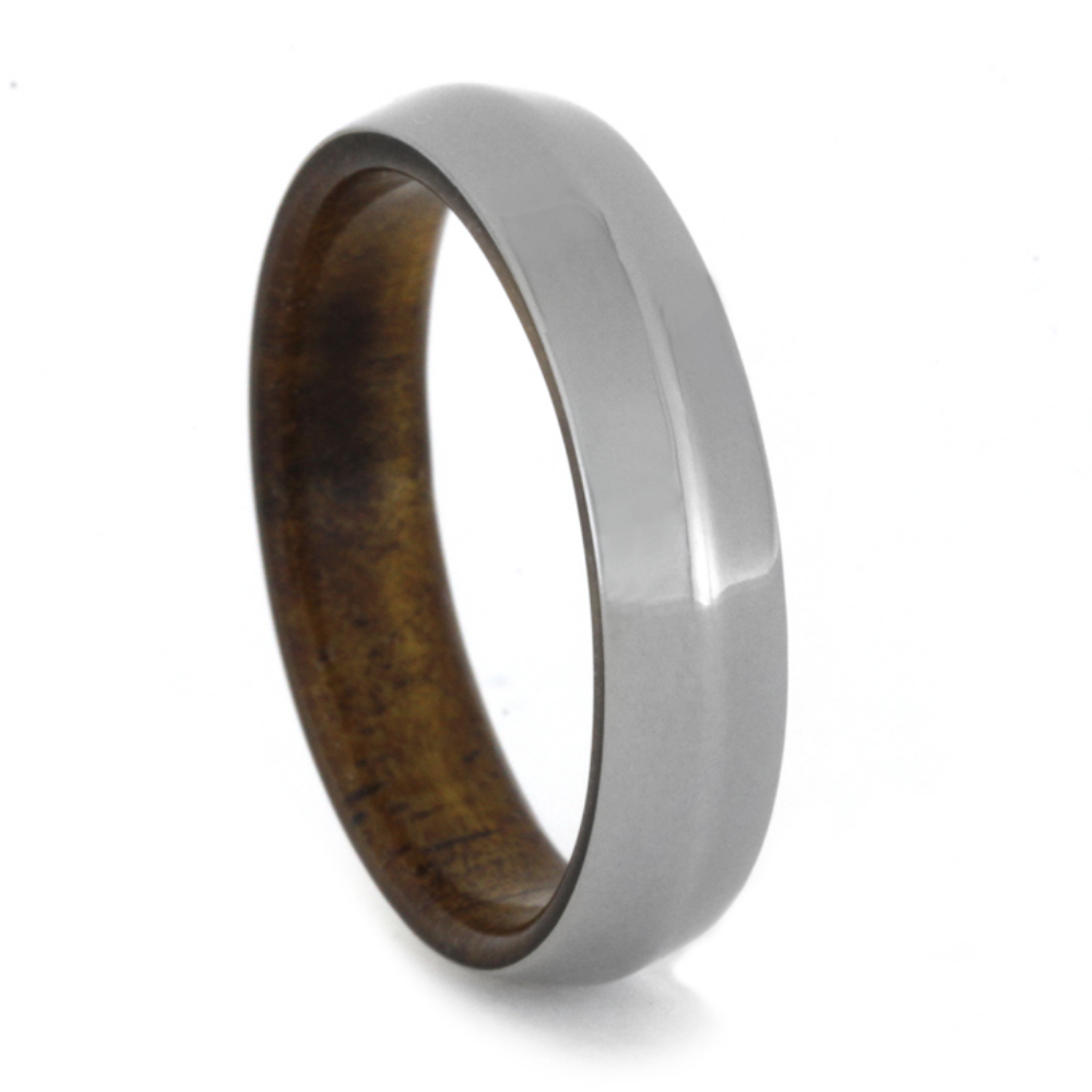 Knife Edge with Koa Wood Sleeve 5mm Comfort-Fit Polished Titanium Band. 