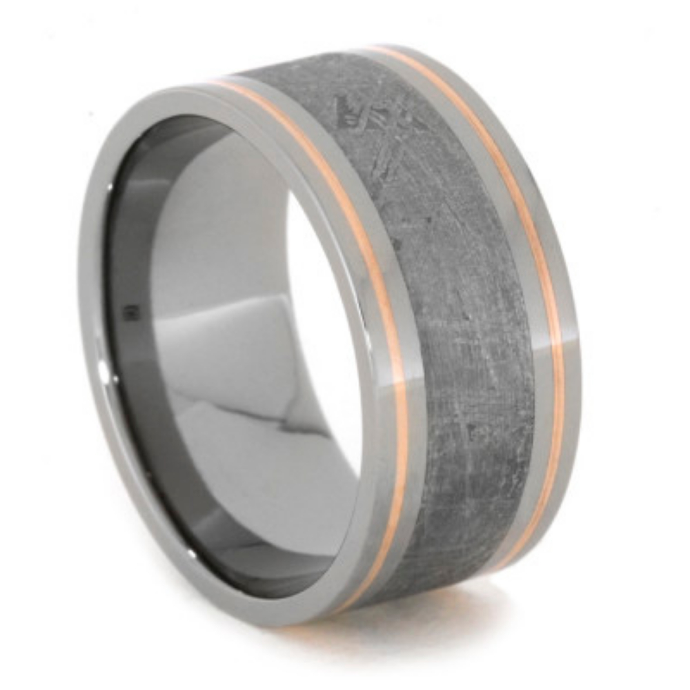 Gibeon Meteorite with Copper Pinstripe Inlay 11mm Comfort-Fit Titanium Band. 