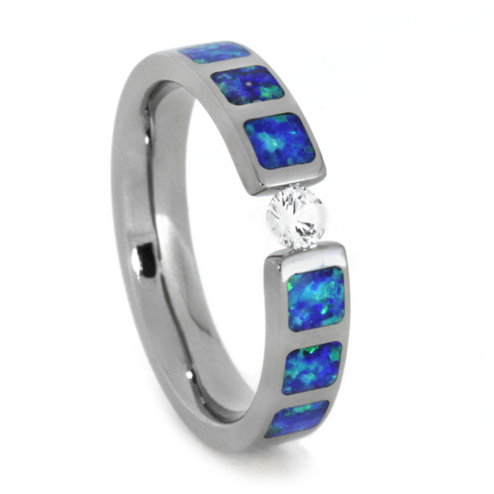 White Sapphire with Blue and Green Synthetic Opal #6 partial inlays 4mm Comfort-Fit Titanium Band. 