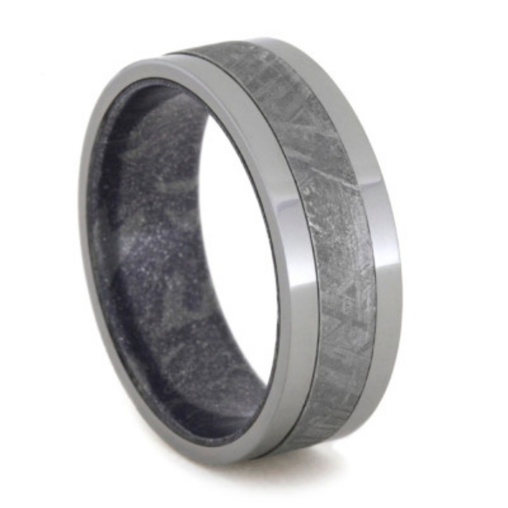 Gibeon Meteorite Inlay with Blue Bronze and White Composite Mokume Gane Sleeve 8mm Comfort-Fit Titanium Band.