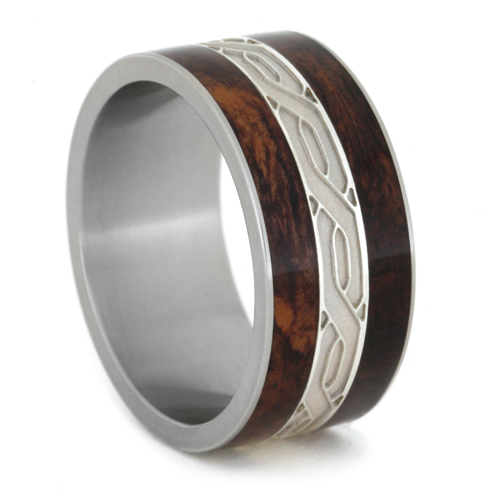 Honduran Rosewood Burl with Silver CelticK not Inlay 12mm Comfort-Fit Titanium Band.