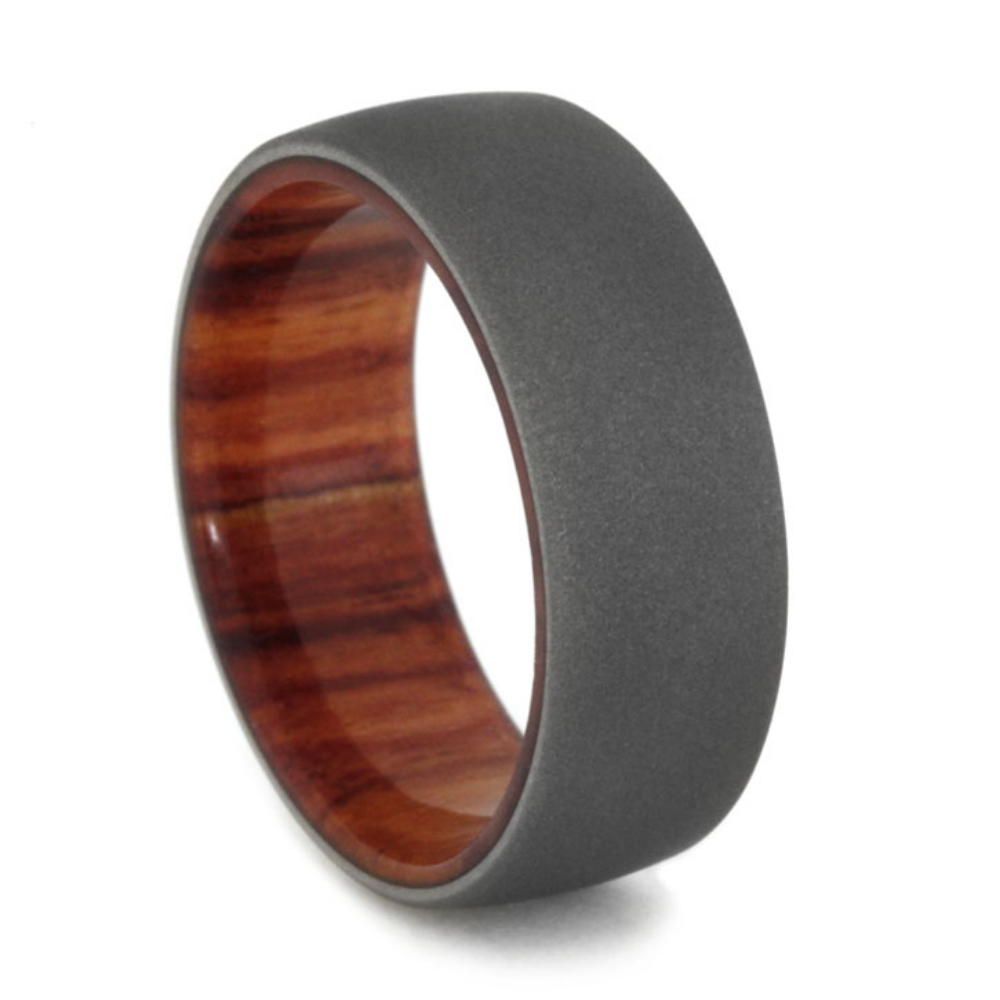 Sandblasted Titanium Overlay with Tulip Wood Sleeve 8mm Comfort-Fit Band. 