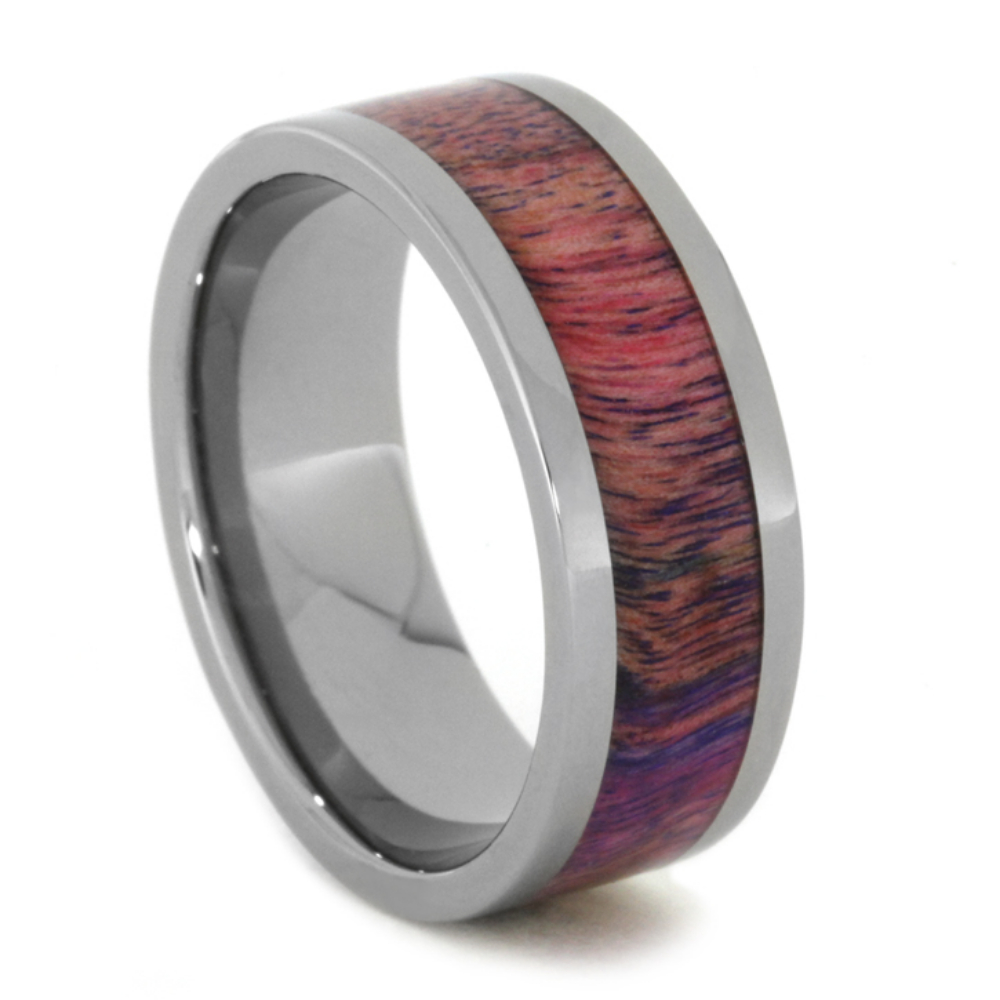 Pink and Purple Poplar Wood Inlay 8mm Comfort-Fit Polished Titanium Band. 